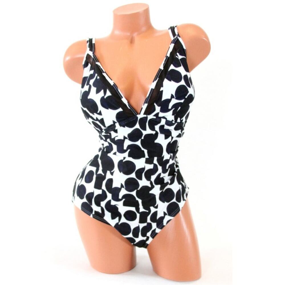 DKNY Geo Mesh-Trim One-Piece Black White V-Neck Swimsuit NWT 16